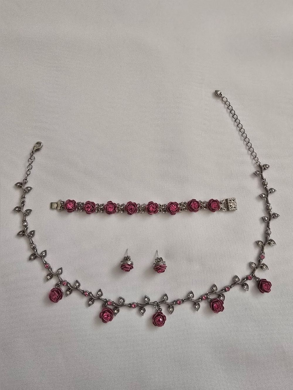 Silver-Tone Pink Rose Necklace, Bracelet & Stud Set